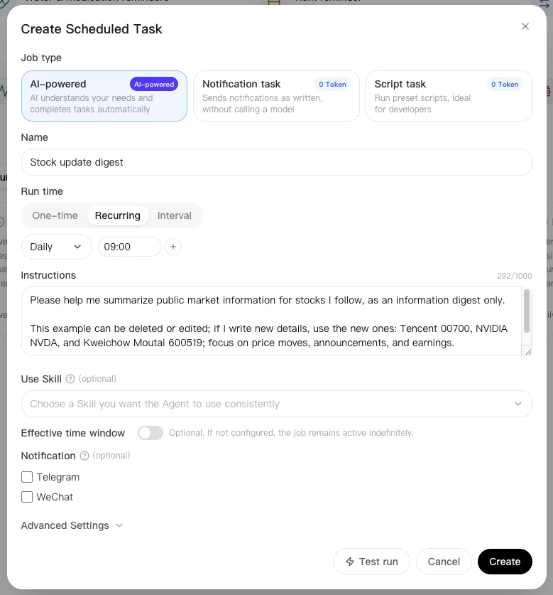 Stock update digest template opened in the Create Job dialog