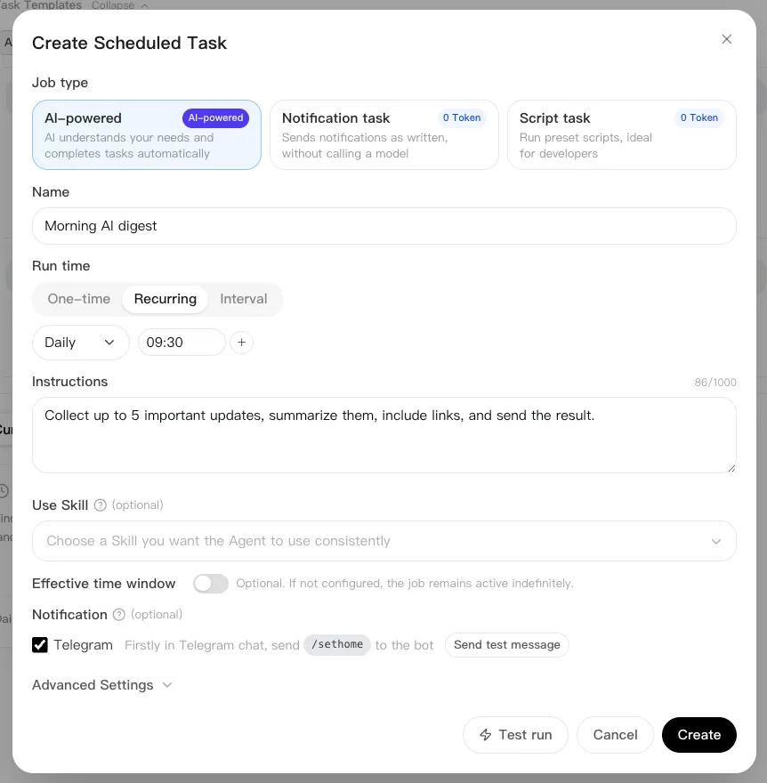 Create a recurring AI-powered scheduled task for a morning AI digest