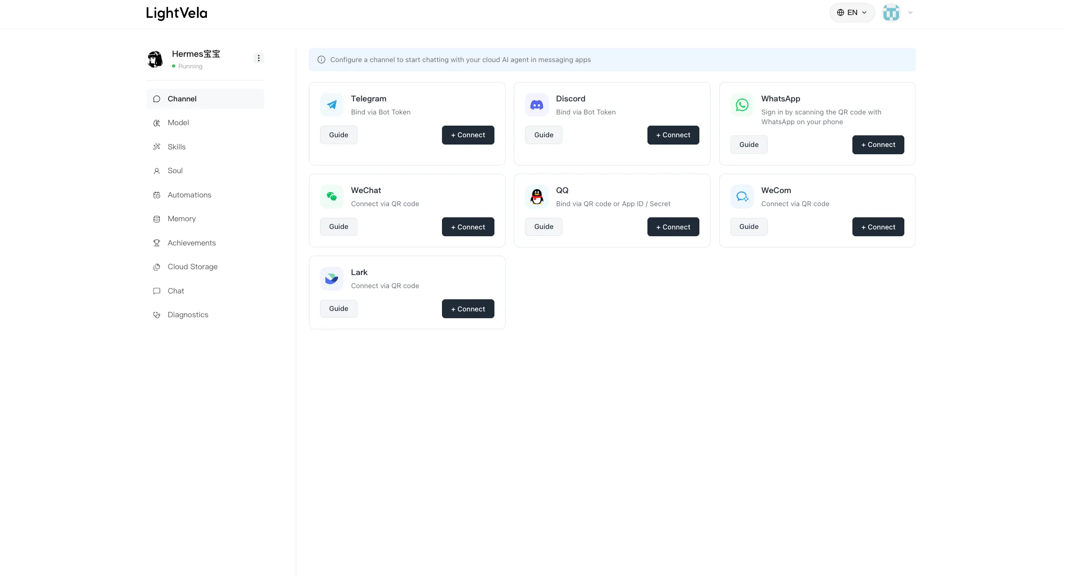 A running Hermes Agent with connected channels